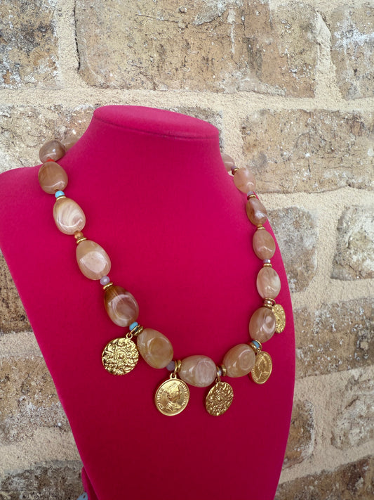 BROWN BEADED COIN NECKLACE