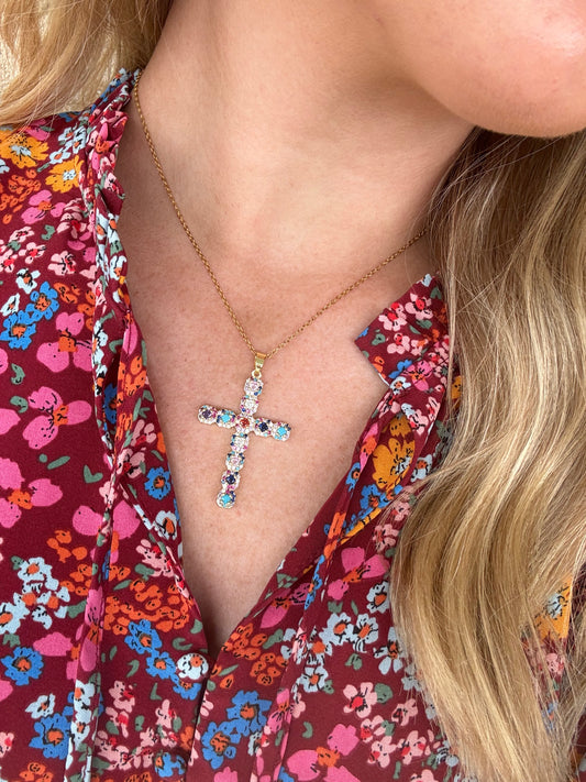 MEDIUM MULTI COLORED CROSS NECKLACE