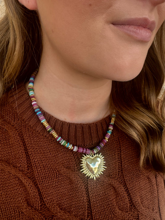 COLORFUL BEADED NECKLACE WITH HEART CHARM