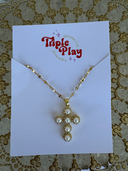 GOLD WITH PEARLS AND SPIKE CROSS NECKLACE