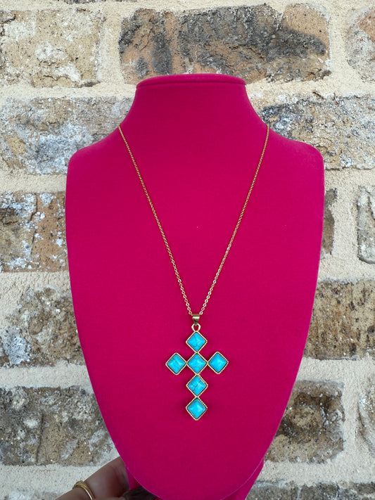 SQUARED TURQUOISE CROSS NECKLACE